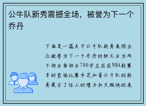 公牛队新秀震撼全场，被誉为下一个乔丹
