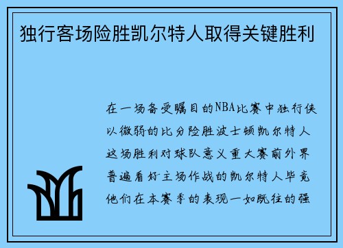 独行客场险胜凯尔特人取得关键胜利