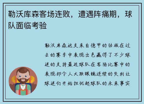 勒沃库森客场连败，遭遇阵痛期，球队面临考验