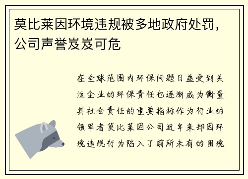 莫比莱因环境违规被多地政府处罚，公司声誉岌岌可危